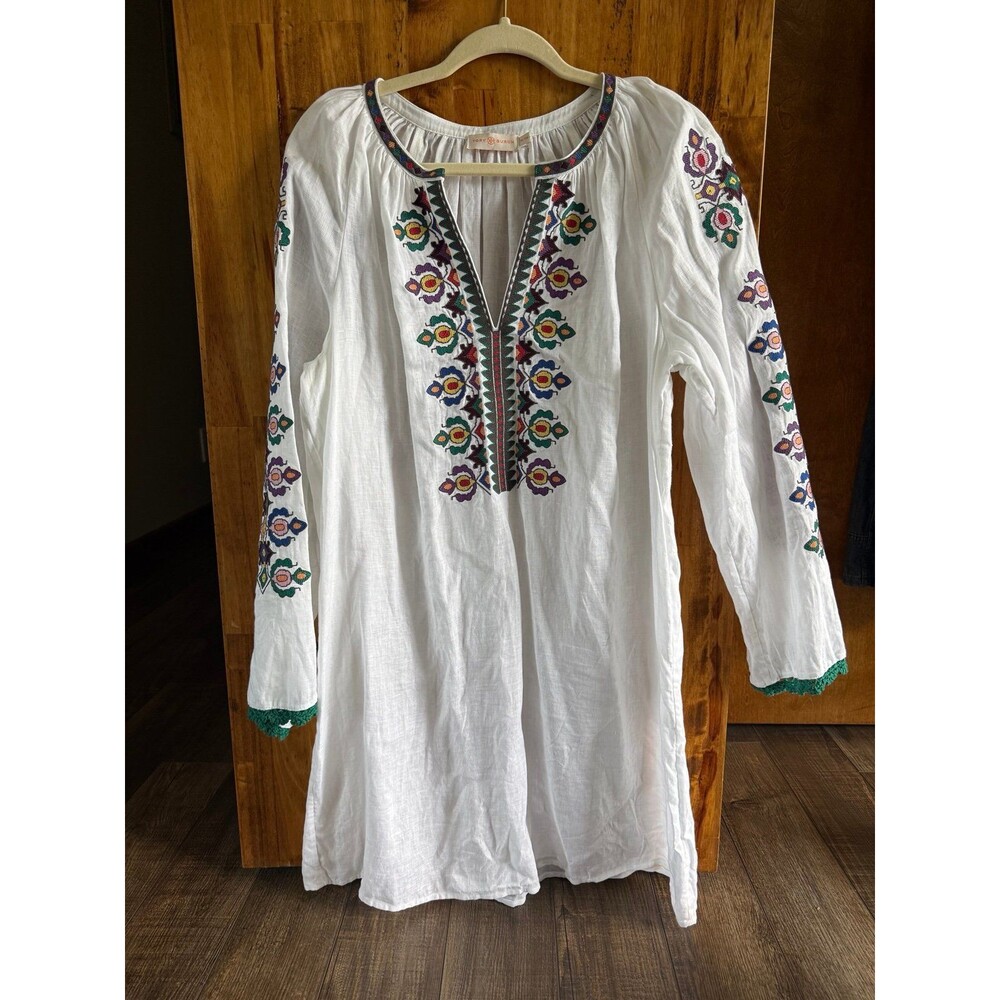 Tory Burch Embroidered Linen Long Sleeve Cover Up Dress Sz. XL White Multi